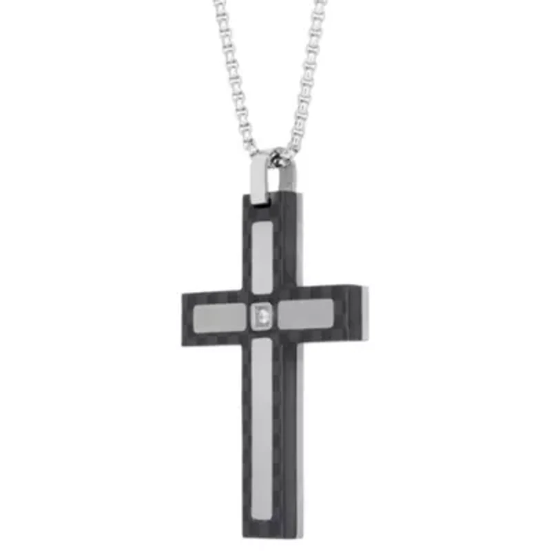 Stainless Steel Cubic Zirconia Two Tone Cross Pendant Necklace