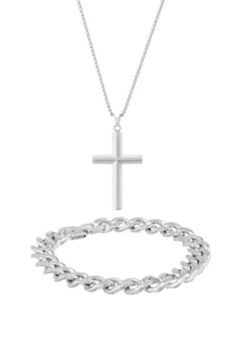 Stainless Steel Cross Pendant and 11 Millimeter Curb Chain Bracelet in a Box Set