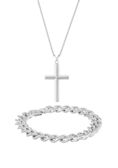 Stainless Steel Cross Pendant and 11 Millimeter Curb Chain Bracelet in a Box Set