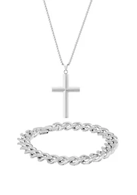 Stainless Steel Cross Pendant and 11 Millimeter Curb Chain Bracelet in a Box Set