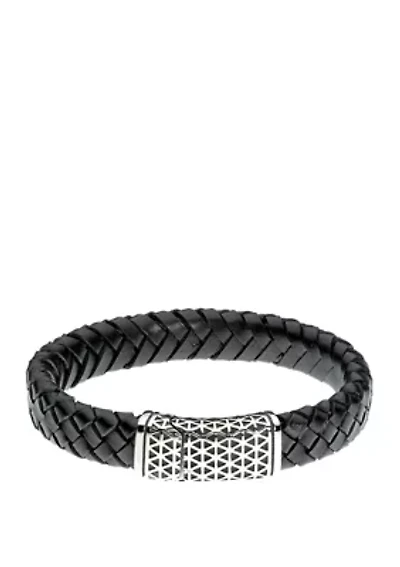 8.5 Inch Stainless Steel Black Braided Leather Bracelet
