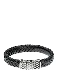 8.5 Inch Stainless Steel Black Braided Leather Bracelet