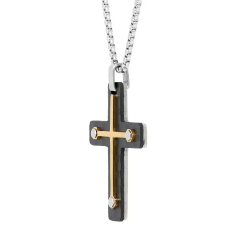 Stainless Steel Two Tone Carbon Fiber Cross Pendant Necklace