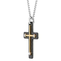 Stainless Steel Two Tone Carbon Fiber Cross Pendant Necklace
