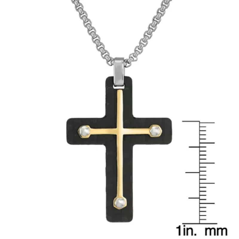 Stainless Steel Two Tone Carbon Fiber Cross Pendant Necklace