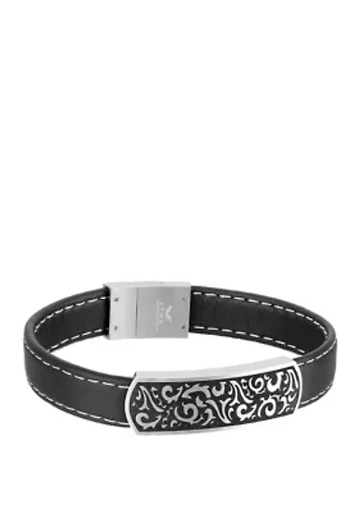 Stainless Steel Black Leather ID Bracelet