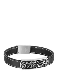 Stainless Steel Black Leather ID Bracelet
