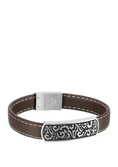 Stainless Steel Brown Leather ID Bracelet