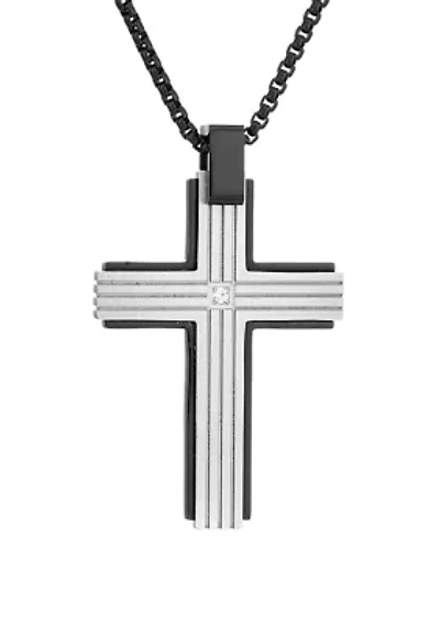 1/10 ct. t.w. Cubic Zirconia Stainless Steel Cross Pendant with 24 Inch Round BIP Chain
