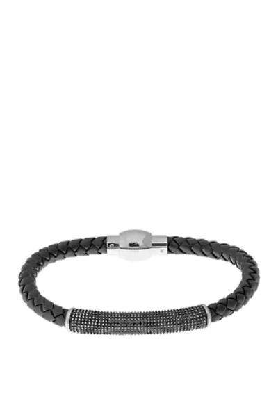 Stainless Steel Black Leather and BIP 8.5 Inch Bracelet