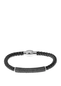 Stainless Steel Black Leather and BIP 8.5 Inch Bracelet