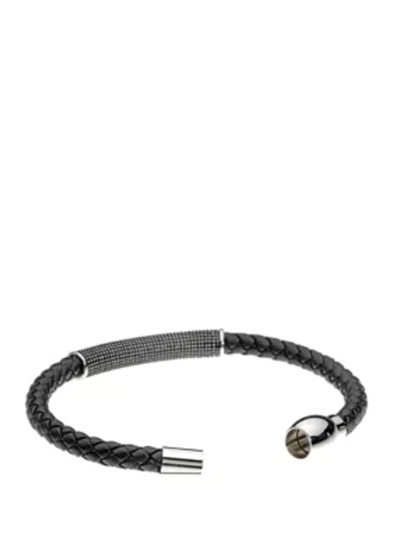 Stainless Steel Black Leather and BIP 8.5 Inch Bracelet
