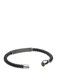 Stainless Steel Black Leather and BIP 8.5 Inch Bracelet
