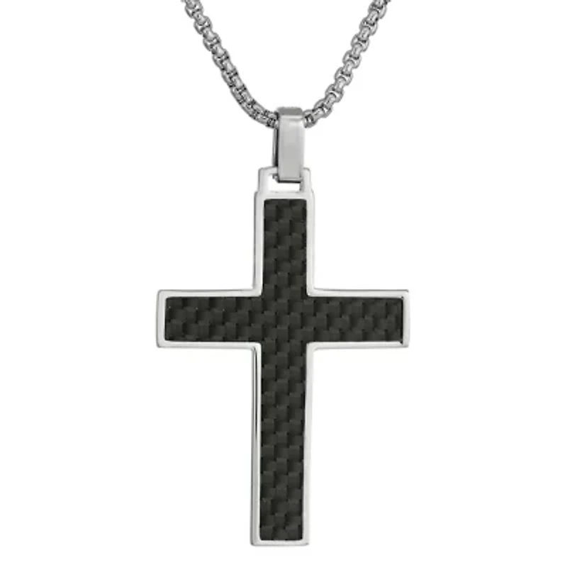 Stainless Steel Carbon Reversible Cross Pendant with 24 Inch Round Box Necklace