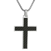 Stainless Steel Carbon Reversible Cross Pendant with 24 Inch Round Box Necklace