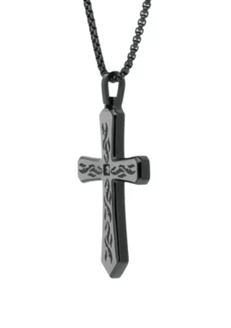 1/10 ct. t.w. Cubic Zirconia Stainless Etched Cross Pendant with BIP and 24 Inch BIP Round Box Chain