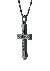 1/10 ct. t.w. Cubic Zirconia Stainless Etched Cross Pendant with BIP and 24 Inch BIP Round Box Chain