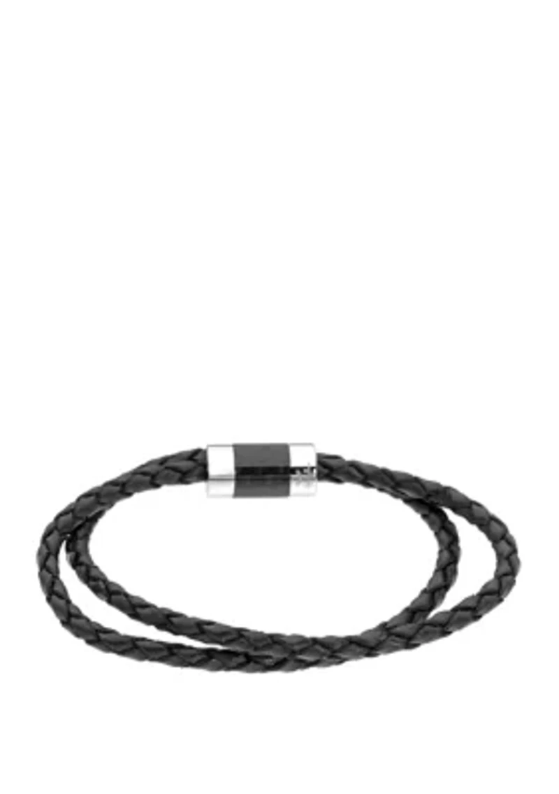 Stainless Black Leather and Carbon Bracelet with Magnetic Clasp