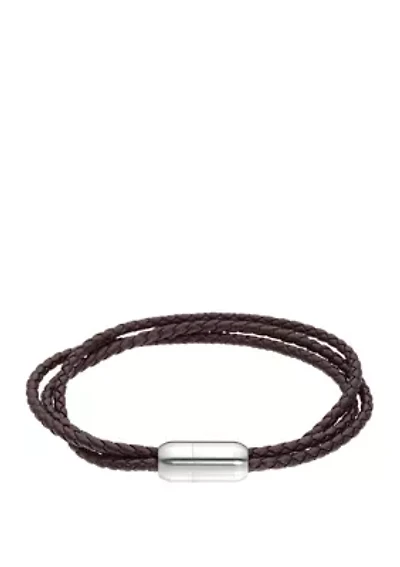 Stainless Steel Brown Leather Bracelet with Magnetic Closure