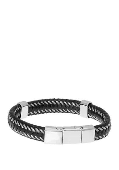 Stainless Steel and Black Leather Bracelet with Magnetic Extender Closure 