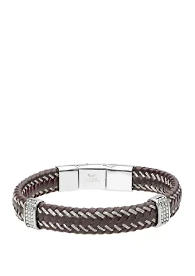 Stainless Steel and Brown Leather Bracelet with Magnetic Extender Closure