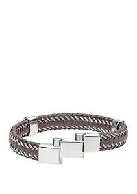 Stainless Steel and Brown Leather Bracelet with Magnetic Extender Closure