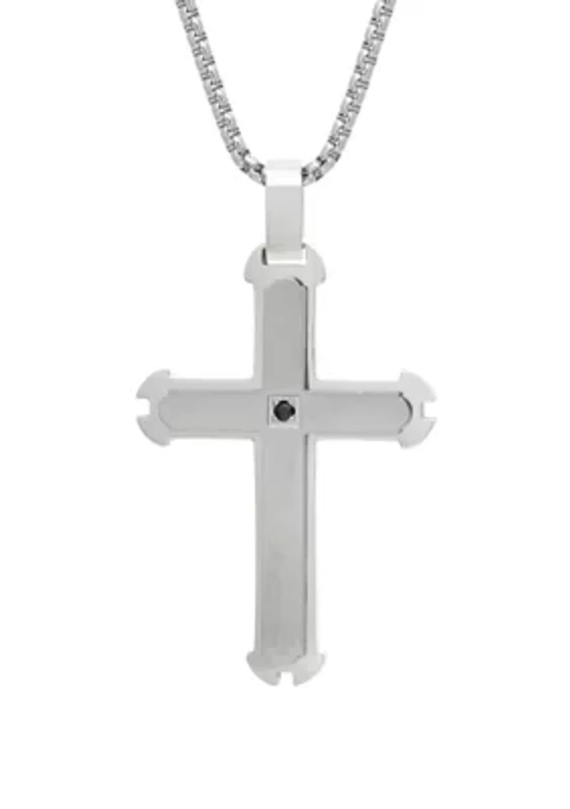Stainless Steel Cross Pendant Necklace on 24 Inch Rhodium Box Chain