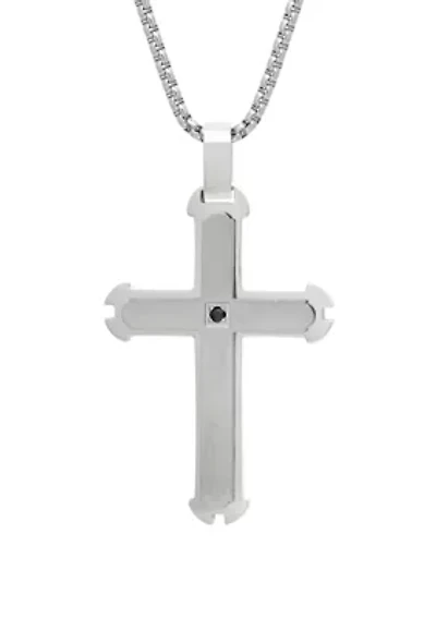Stainless Steel Cross Pendant Necklace on 24 Inch Rhodium Box Chain