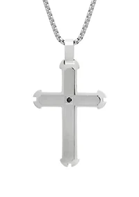 Stainless Steel Cross Pendant Necklace on 24 Inch Rhodium Box Chain