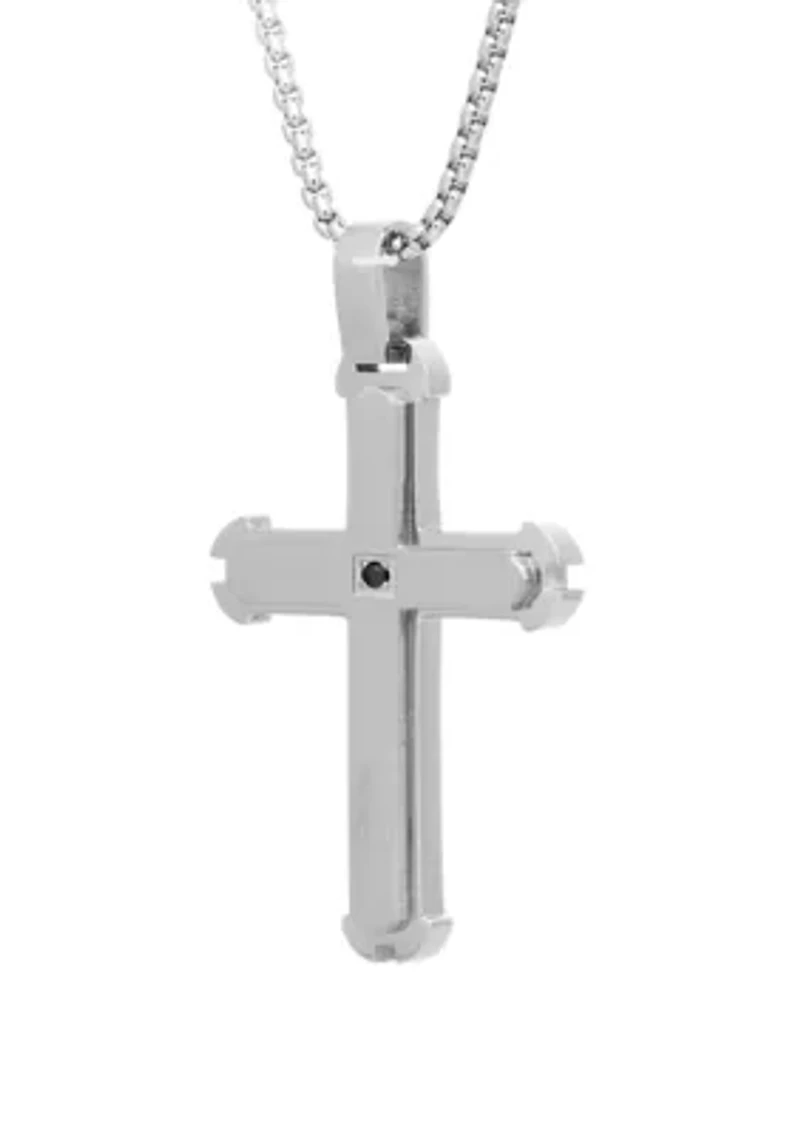 Stainless Steel Cross Pendant Necklace on 24 Inch Rhodium Box Chain