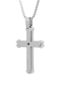 Stainless Steel Cross Pendant Necklace on 24 Inch Rhodium Box Chain