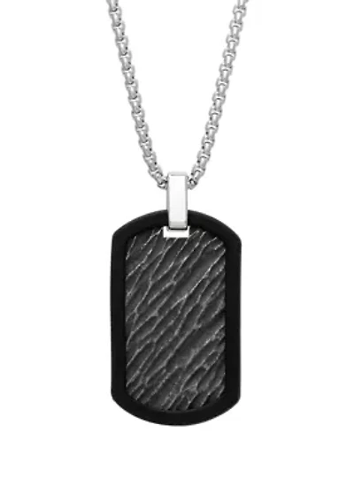 Stainless Steel and Rubber Textured Dog Tag Pendant with Black Ion Plating on 24 Inch Rhodium Chain