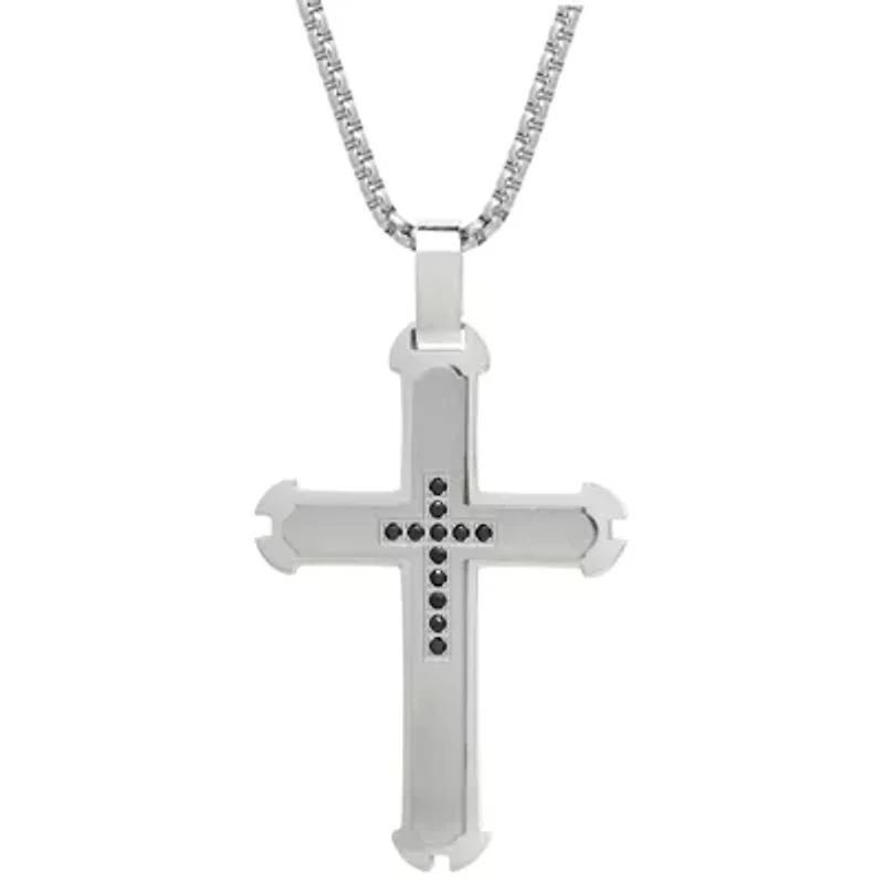 Stainless Steel Black Cubic Zirconia Cross Pendant Necklace