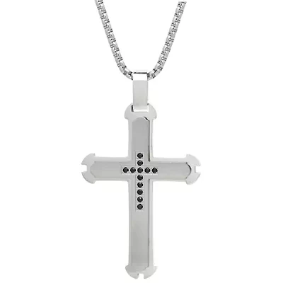 Stainless Steel Black Cubic Zirconia Cross Pendant Necklace