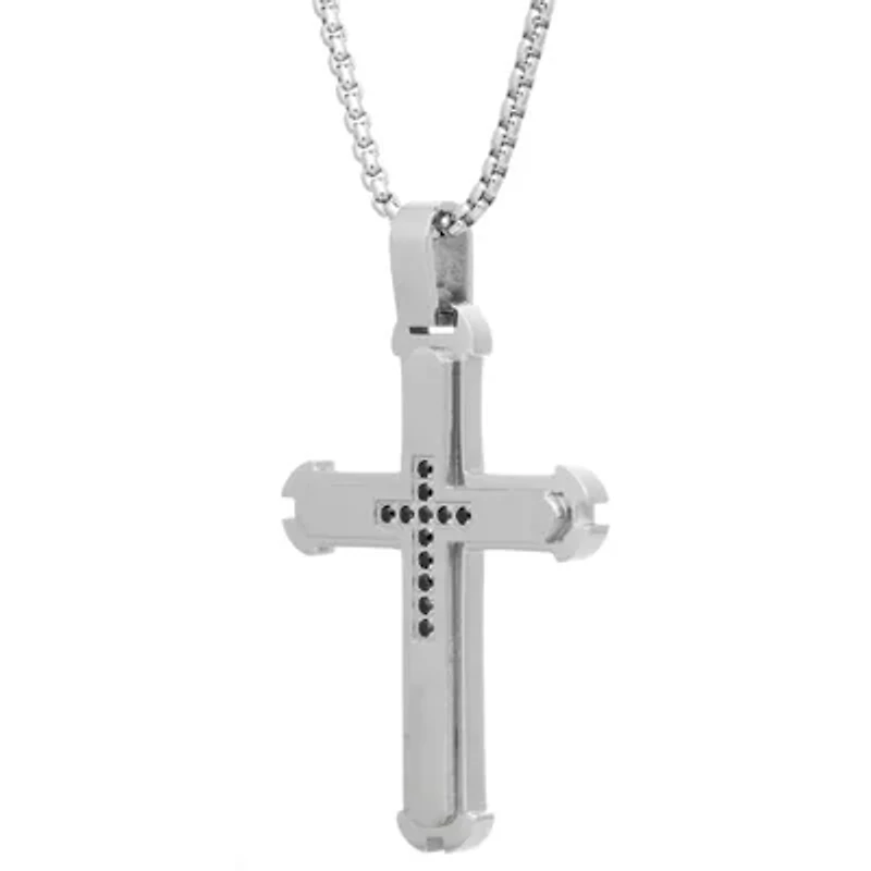 Stainless Steel Black Cubic Zirconia Cross Pendant Necklace