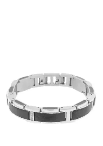 Stainless Steel Bracelet with Black Ion Plating, Black Resin and Cubic Zirconia 