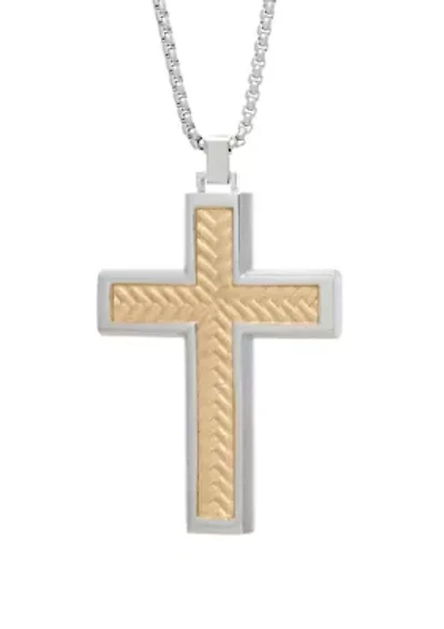 Stainless Cross Pendant Necklace on 24 Inch Rhodium Box Chain