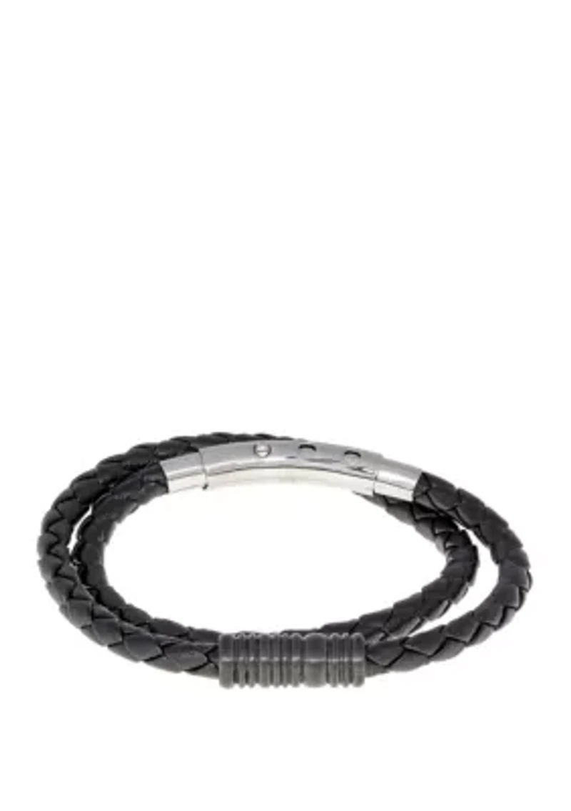 Stainless Steel Black Braided Leather Leather Bracelet with Adjustable Clasp and Black Ion Plating