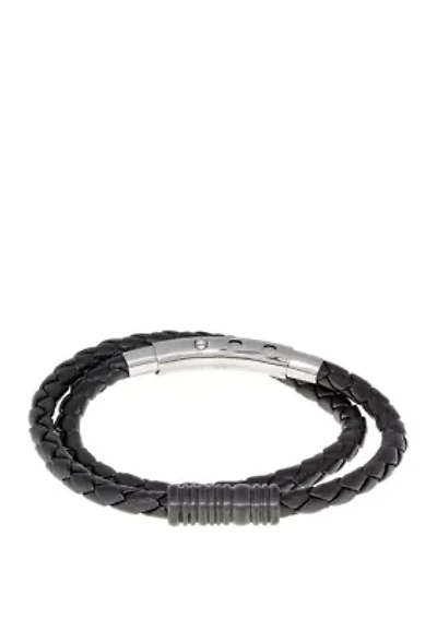 Stainless Steel Black Braided Leather Leather Bracelet with Adjustable Clasp and Black Ion Plating