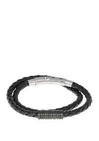Stainless Steel Black Braided Leather Leather Bracelet with Adjustable Clasp and Black Ion Plating