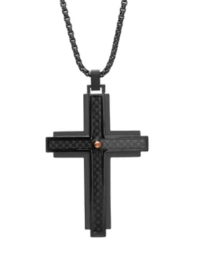 Stainless Cross Pendant Necklace on 24 Inch Rhodium Box Chain 