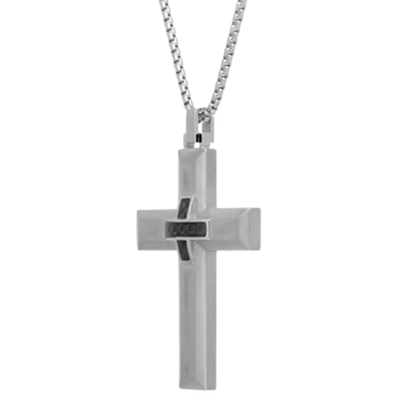 Stainless Steel Carbon Fiber Cross Pendant Necklace