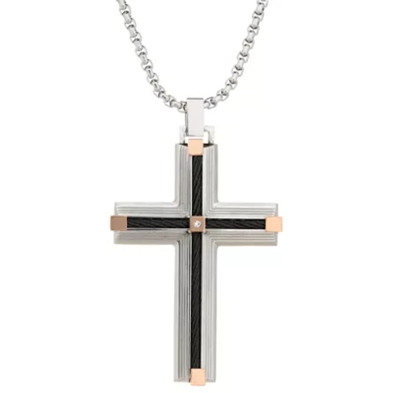 Stainless Steel Cubic Zirconia Two Tone Cross Pendant Necklace