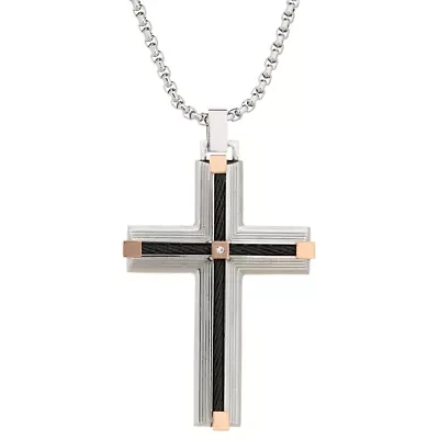Stainless Steel Cubic Zirconia Two Tone Cross Pendant Necklace
