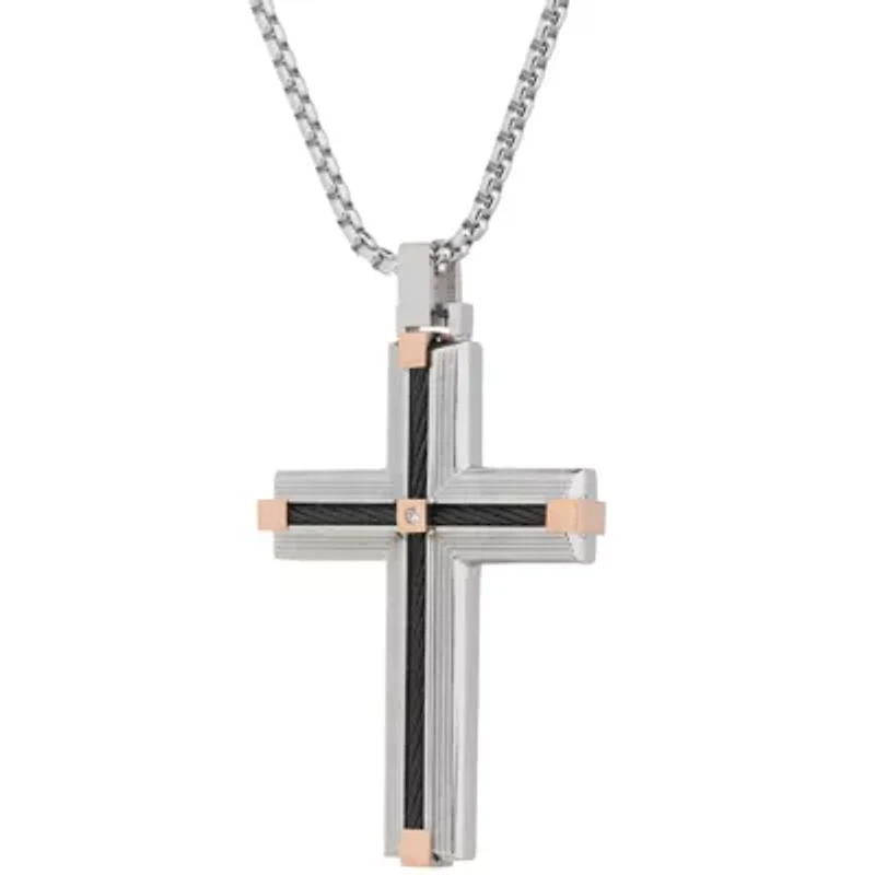 Stainless Steel Cubic Zirconia Two Tone Cross Pendant Necklace