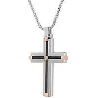 Stainless Steel Cubic Zirconia Two Tone Cross Pendant Necklace