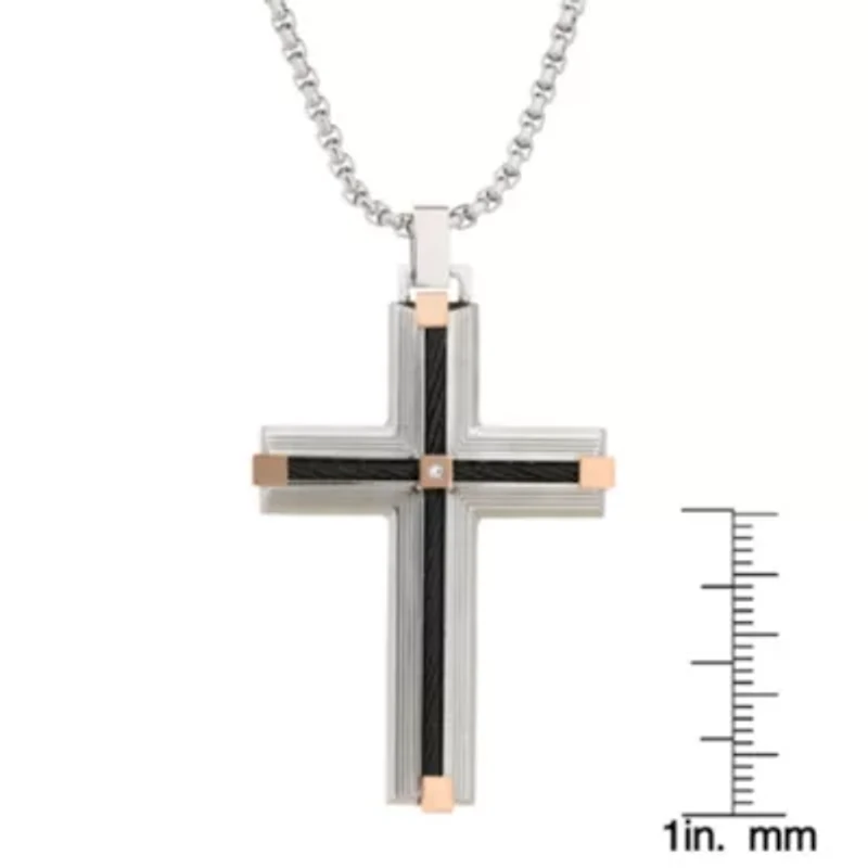Stainless Steel Cubic Zirconia Two Tone Cross Pendant Necklace