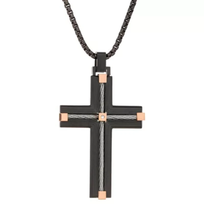 Stainless Steel Cubic Zirconia Two Tone Cross Pendant Necklace