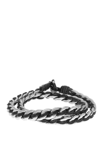 Stainless Steel and Black Leather Wrap Bracelet