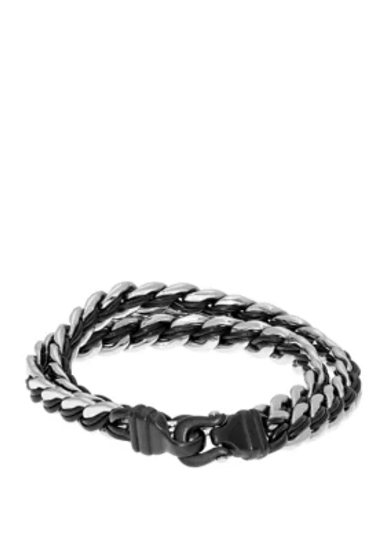 Stainless Steel and Black Leather Wrap Bracelet
